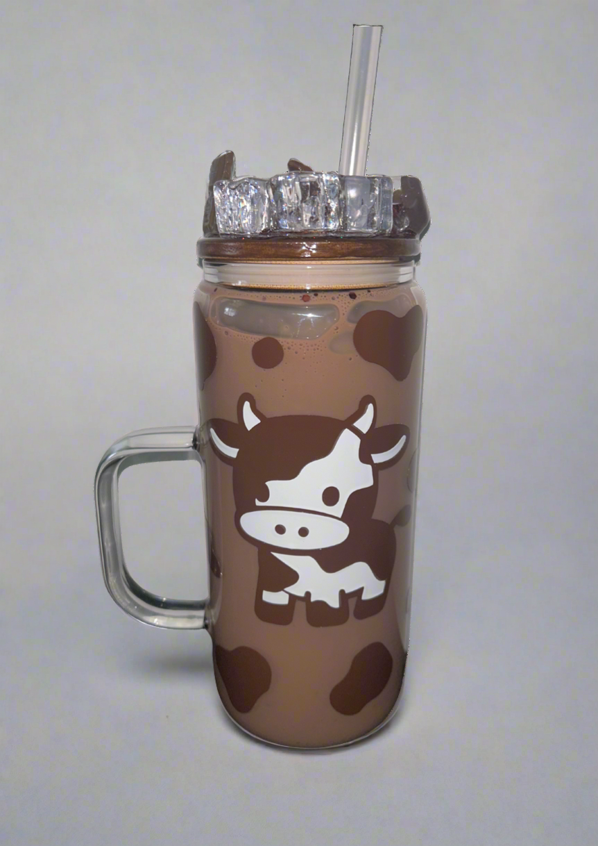 16oz Snowglobe glass handle Chocolate milkshake glitter with cow design glass tumbler