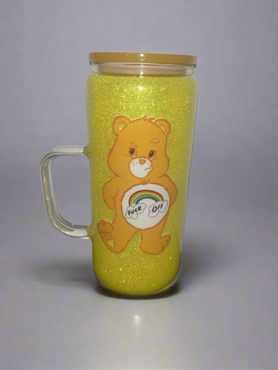 16oz Snowglobe glass handle yellow glitter “no globe” with swear bear design