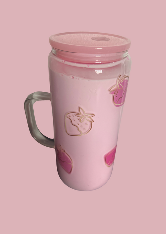 16oz Glass can snowglobe Strawberry milkshake design with pink and gold strawberry drinking glass cup