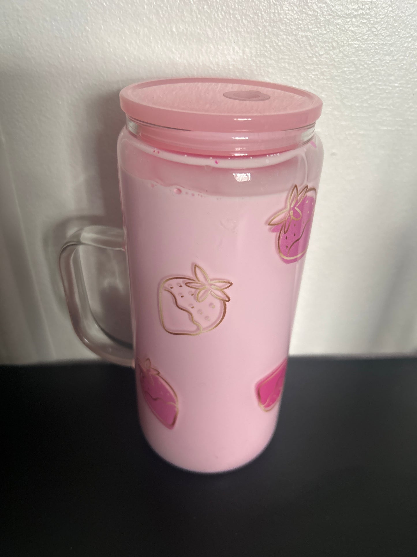 16oz Glass can snowglobe Strawberry milkshake design with pink and gold strawberry drinking glass cup