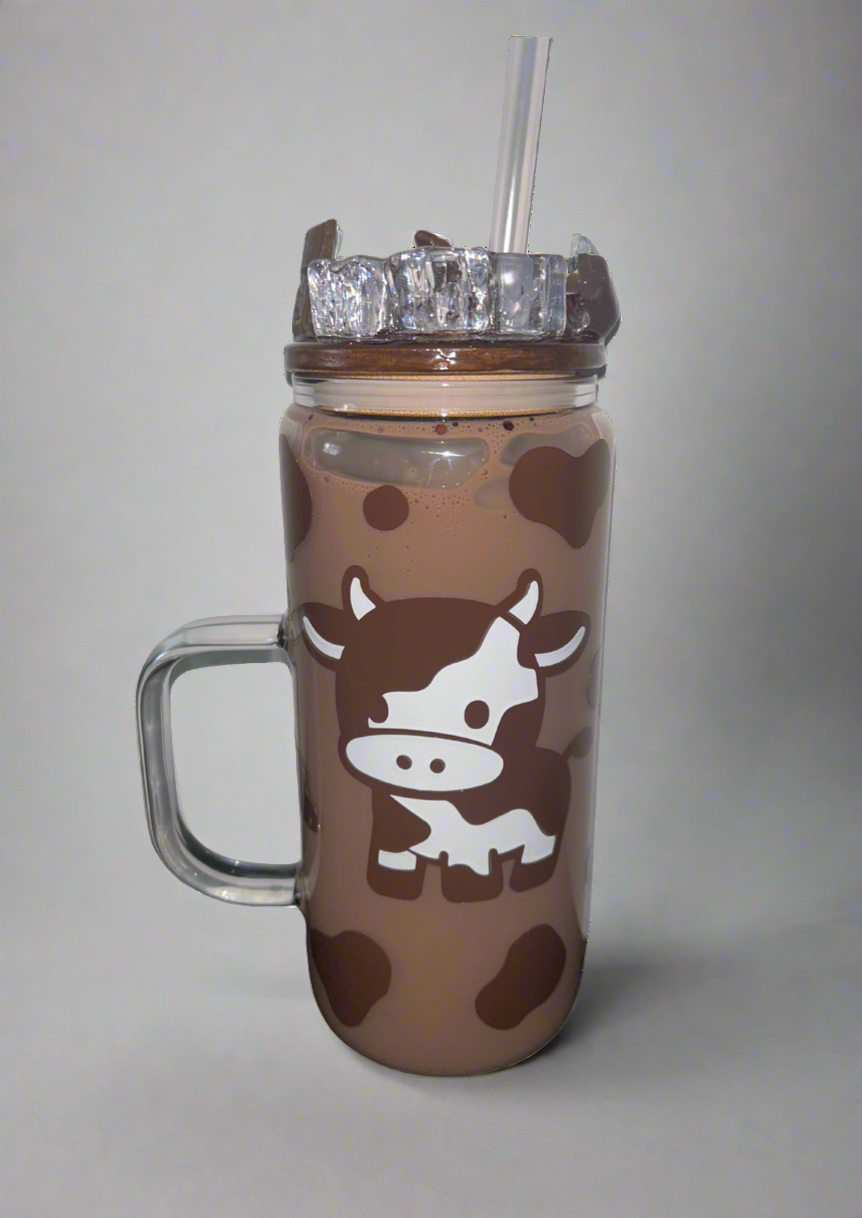 16oz Snowglobe glass handle Chocolate milkshake glitter with cow design glass tumbler