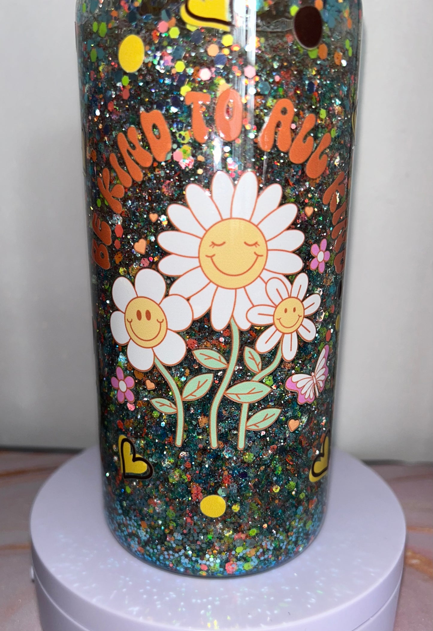 20oz Glass beer can libby glitter snowglobe tumbler cup with “Be kind to all kind” design