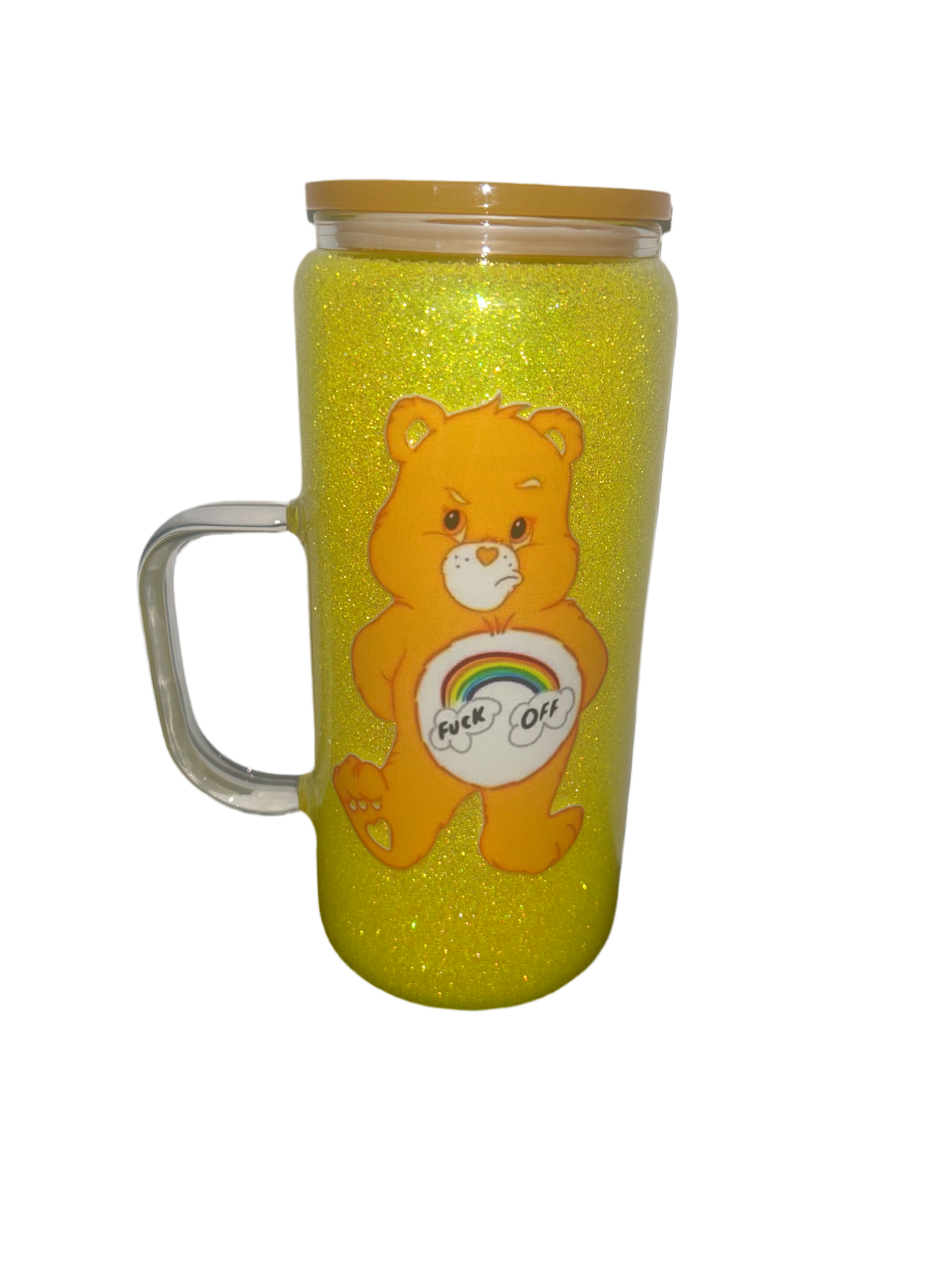 16oz Snowglobe glass handle yellow glitter “no globe” with swear bear design