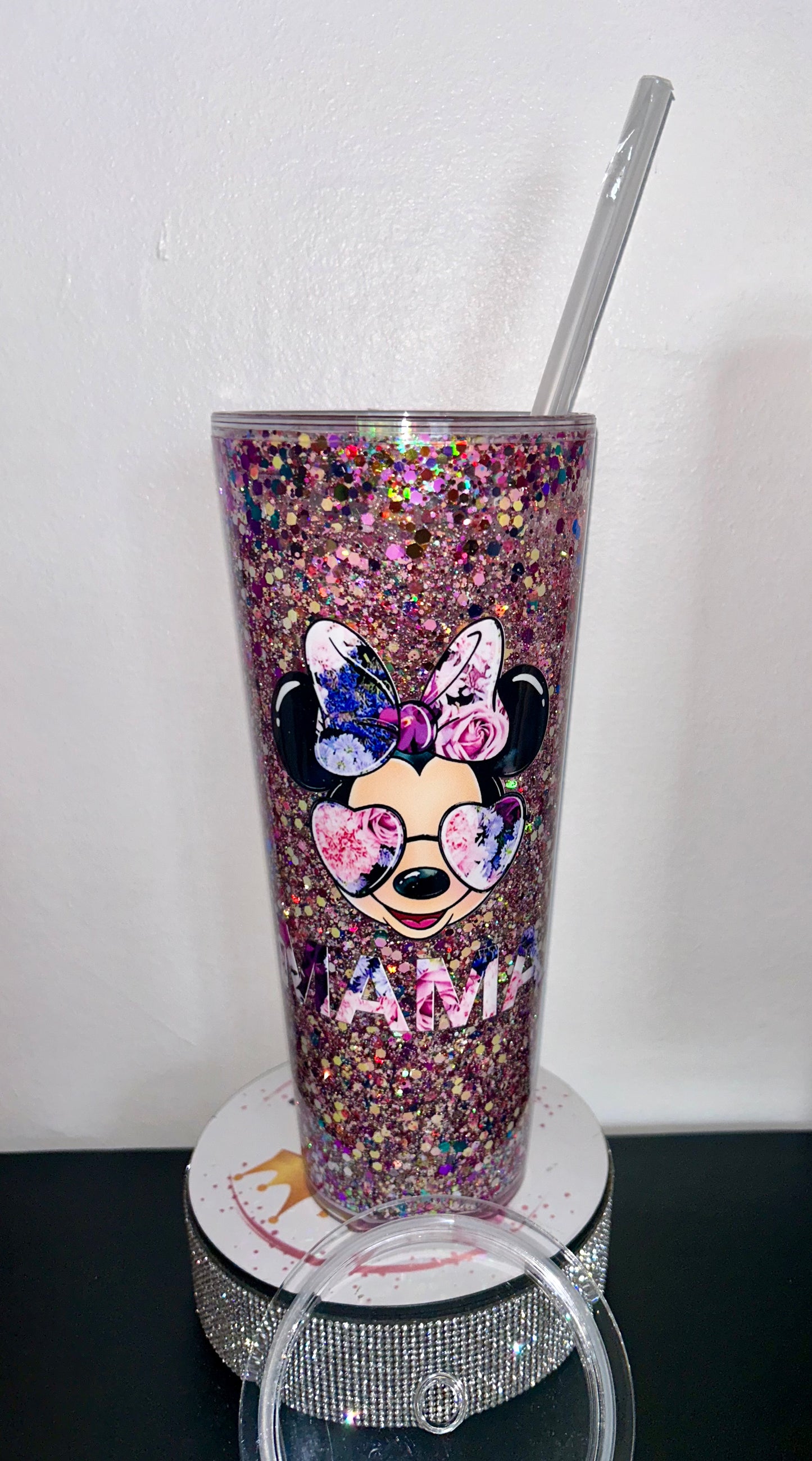 24oz Snowglobe drinking cup tumbler mixed colour glitter with Mama uvdtf