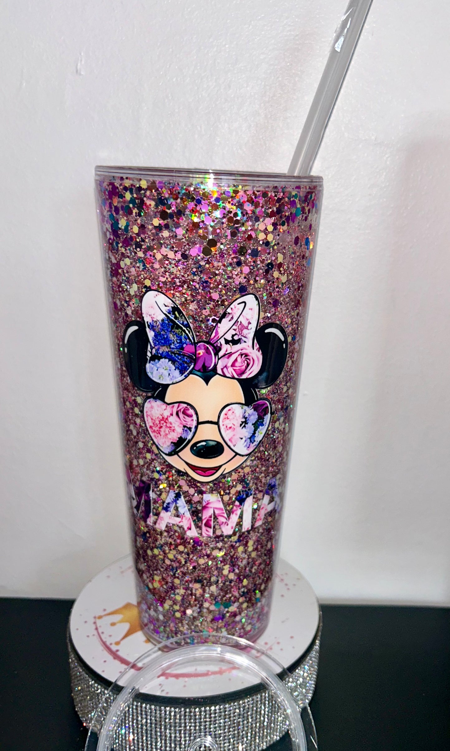 24oz Snowglobe drinking cup tumbler mixed colour glitter with Mama uvdtf