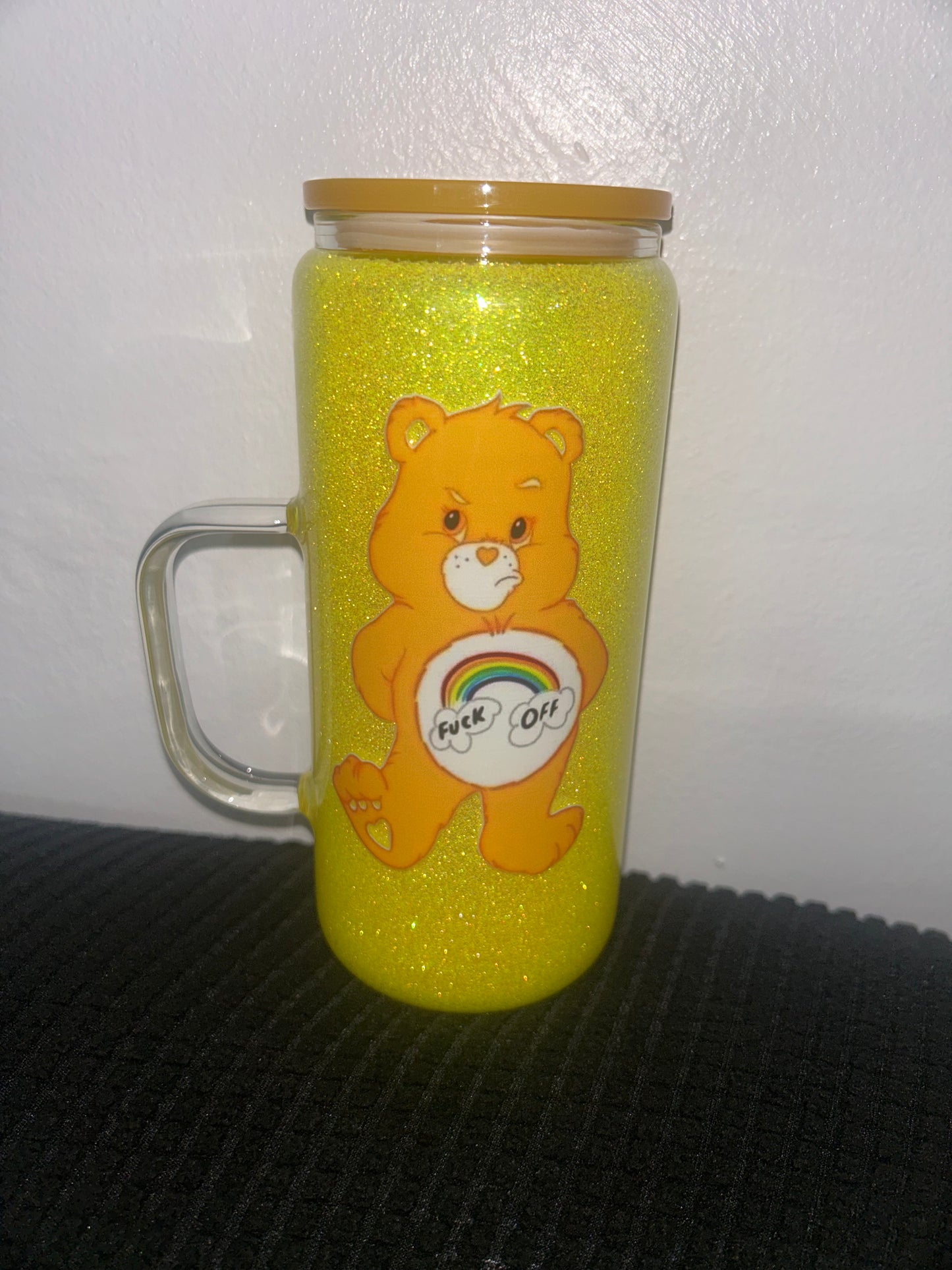 16oz Snowglobe glass handle yellow glitter “no globe” with swear bear design