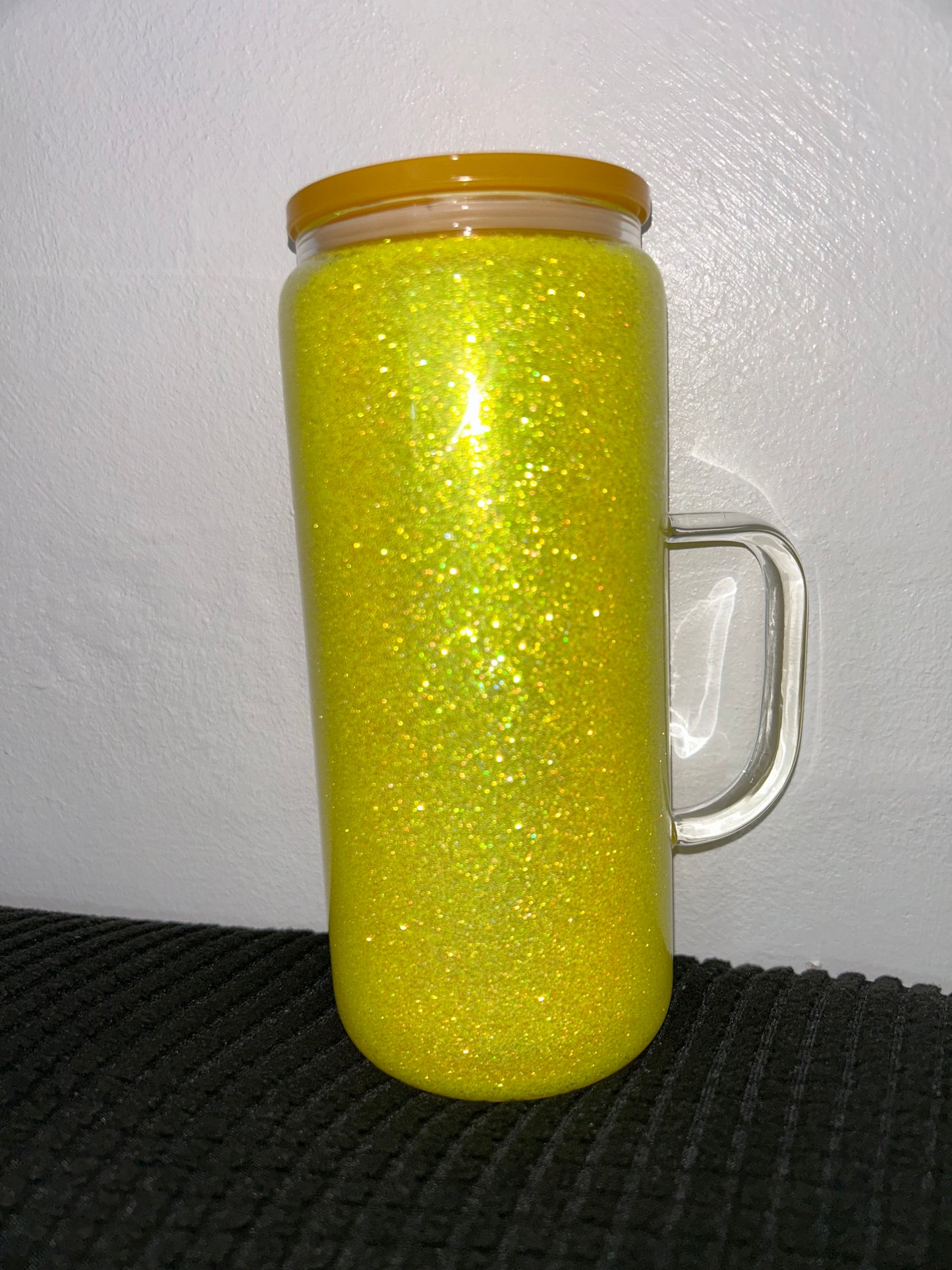 16oz Snowglobe glass handle yellow glitter “no globe” with swear bear design