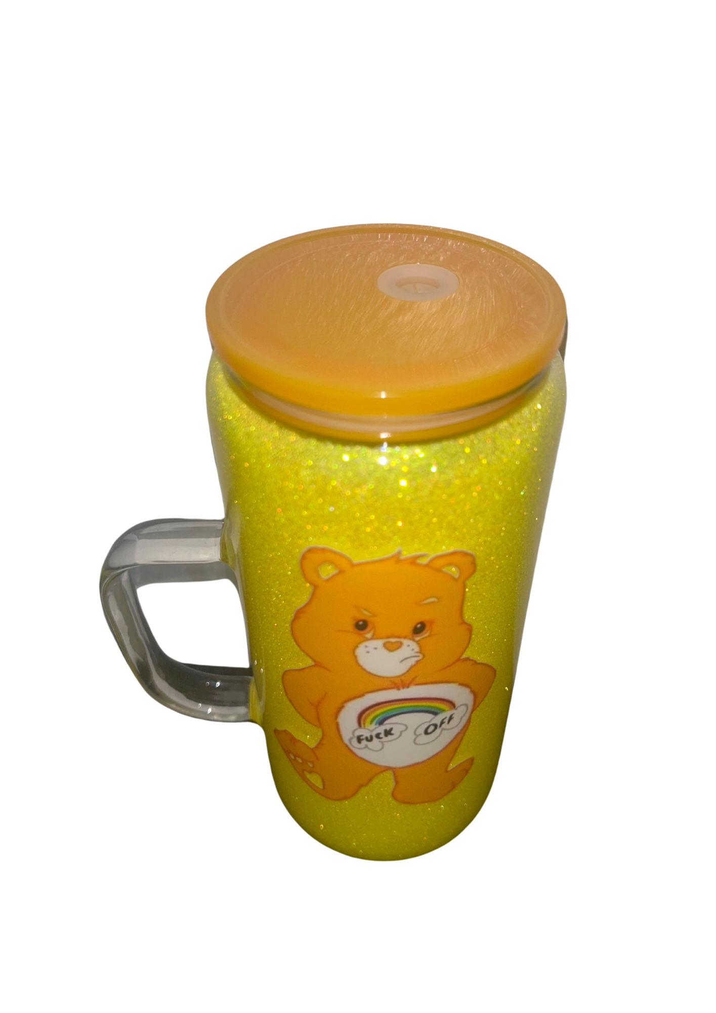 16oz Snowglobe glass handle yellow glitter “no globe” with swear bear design