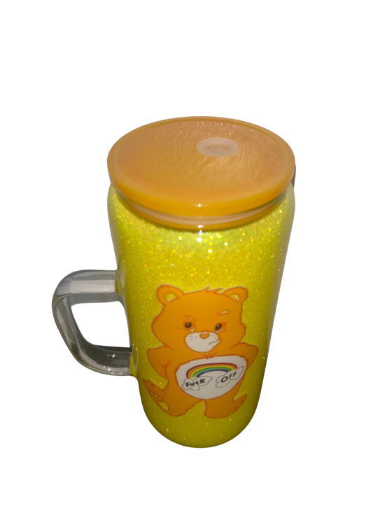 16oz Snowglobe glass handle yellow glitter “no globe” with swear bear design