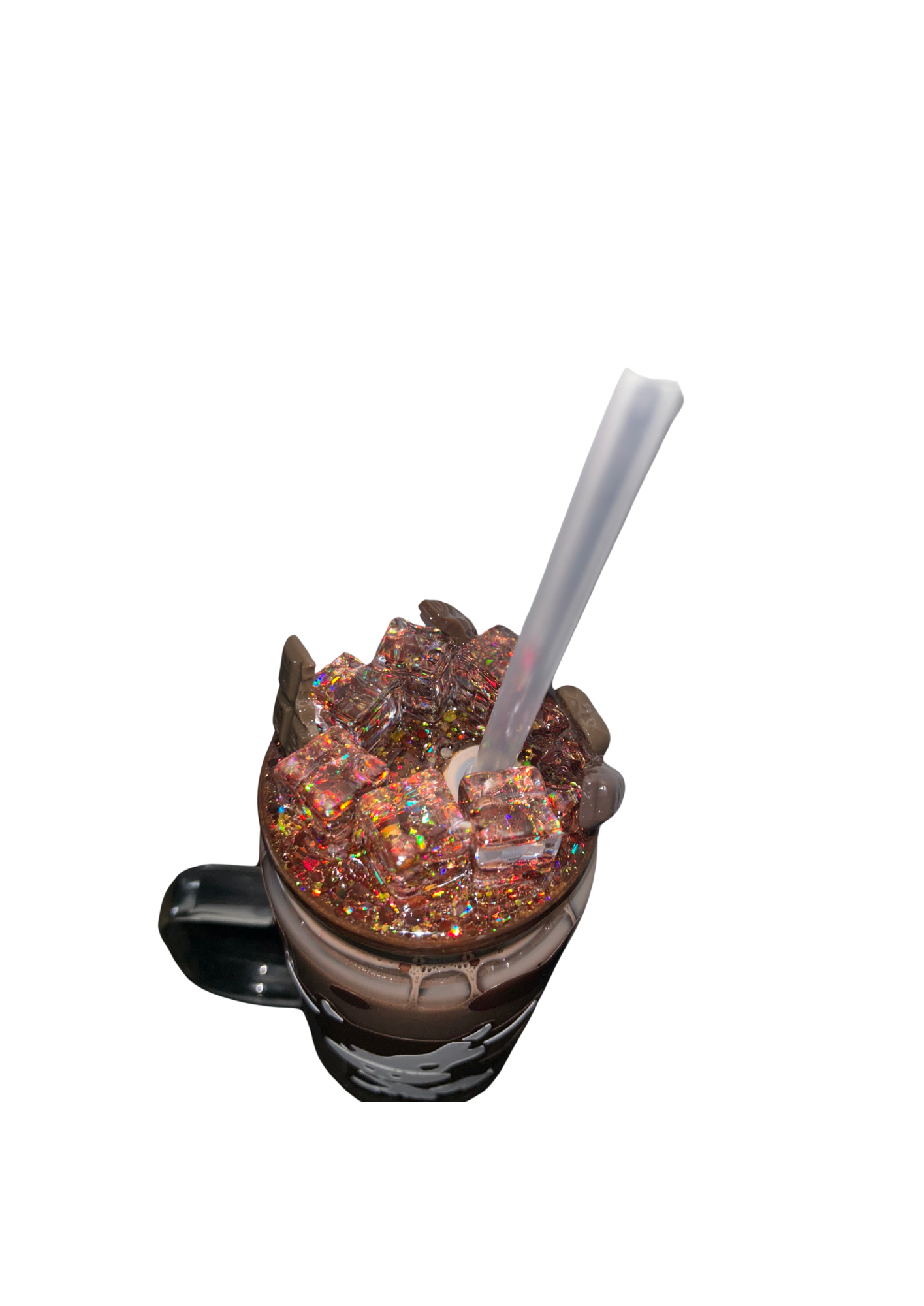 16oz Snowglobe glass handle Chocolate milkshake glitter with cow design glass tumbler