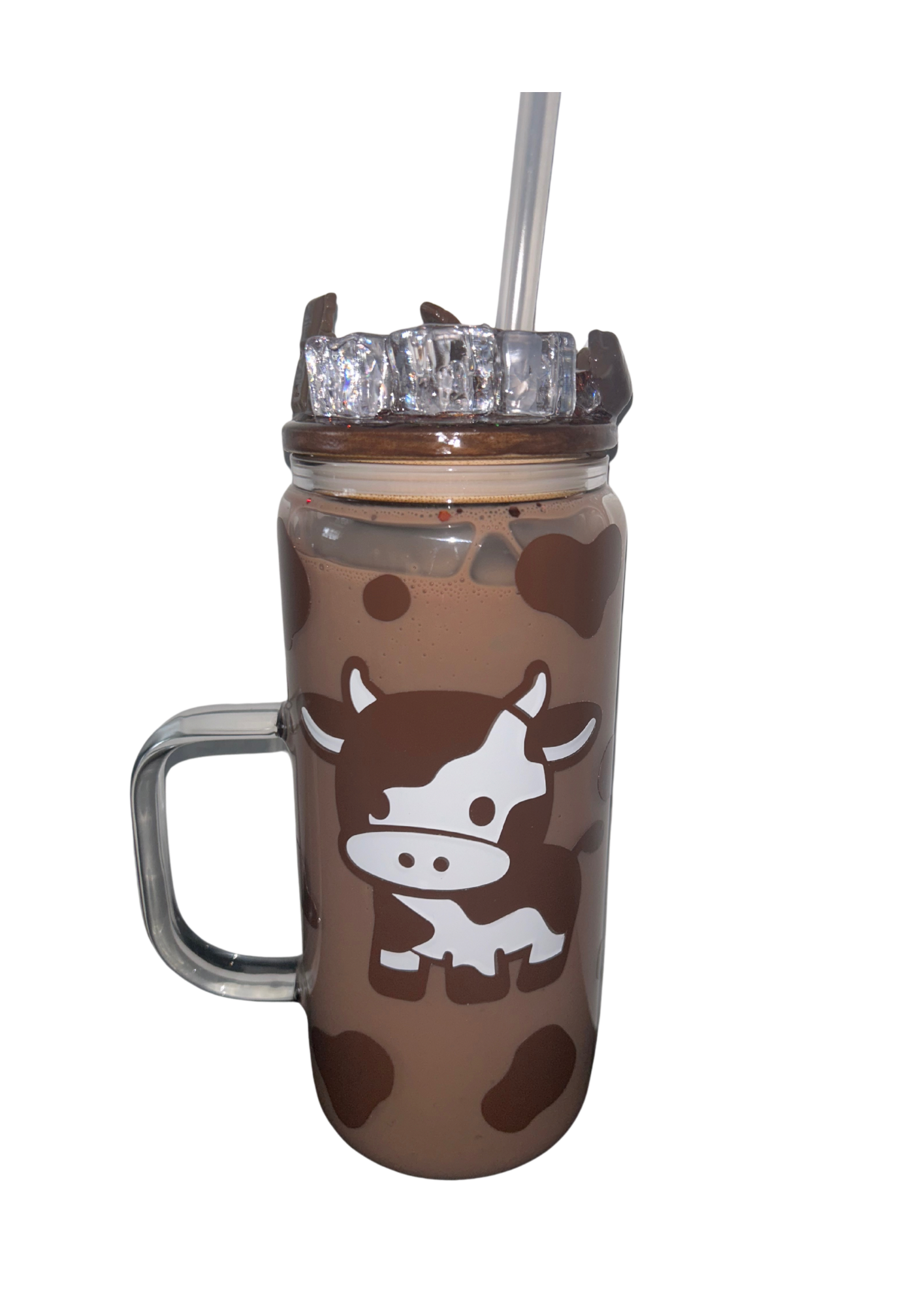 16oz Snowglobe glass handle Chocolate milkshake glitter with cow design glass tumbler