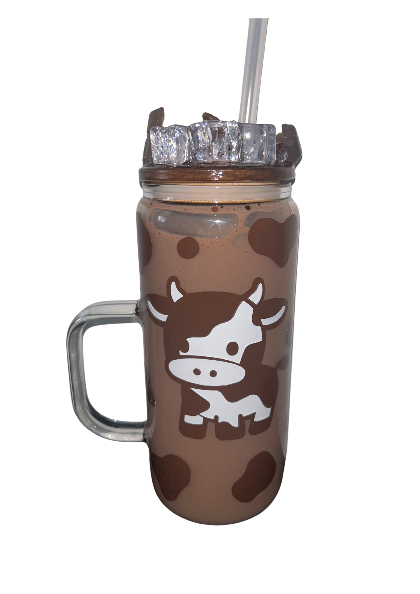 16oz Snowglobe glass handle Chocolate milkshake glitter with cow design glass tumbler