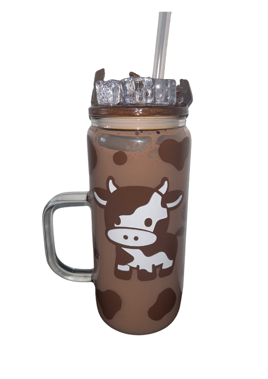 16oz Snowglobe glass handle Chocolate milkshake glitter with cow design glass tumbler